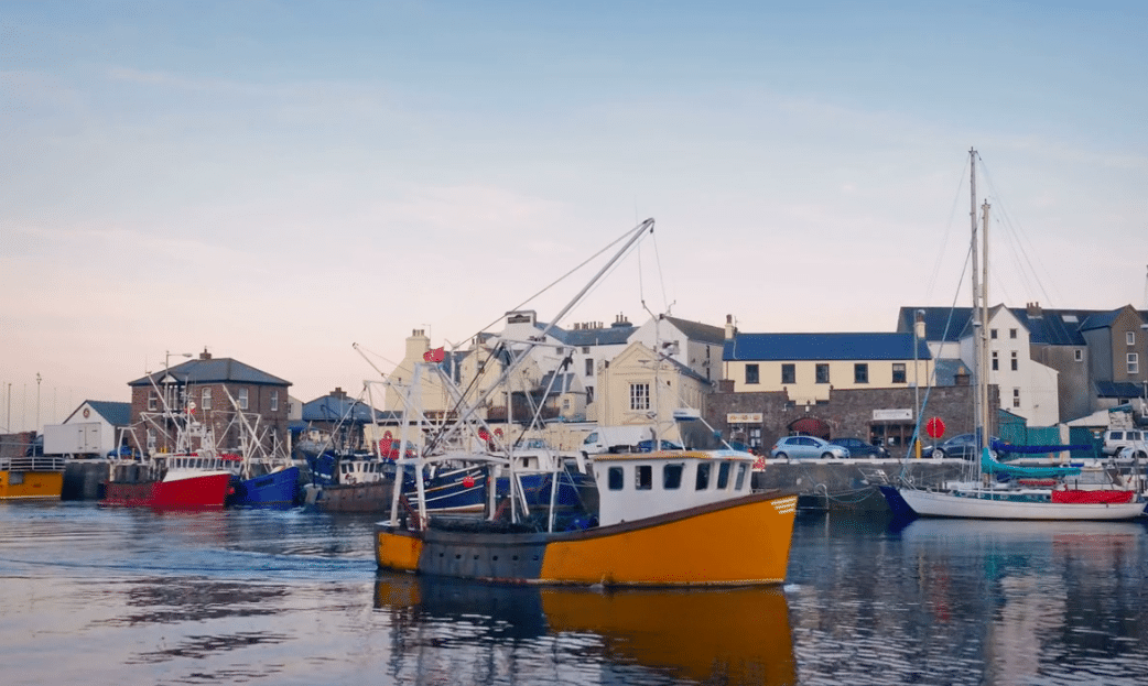 a group of boats that are sitting in the water.